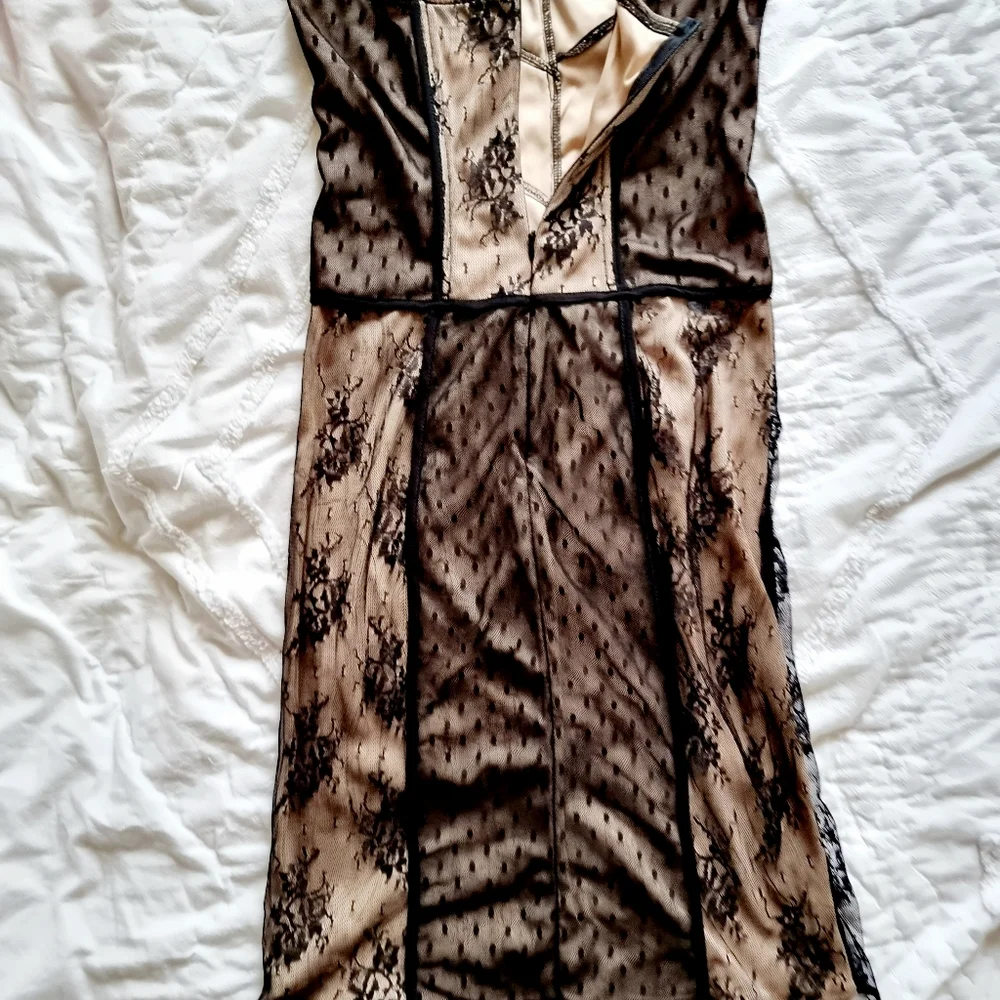 Strapless, black lace, knee length, corset dress with light beige/ tan under lay - Picture 6 of 8